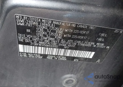 2016 Toyota Rav4 Le z USA, uszkodzony, nr VIN 2T3BFREV5GW492692